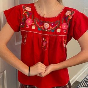 Unik Red Darling Embroidered Floral Shirt Size S